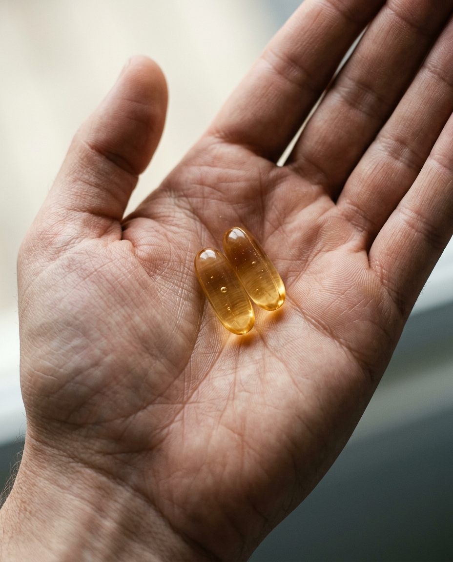 Two amber capsules resting in an open palm.