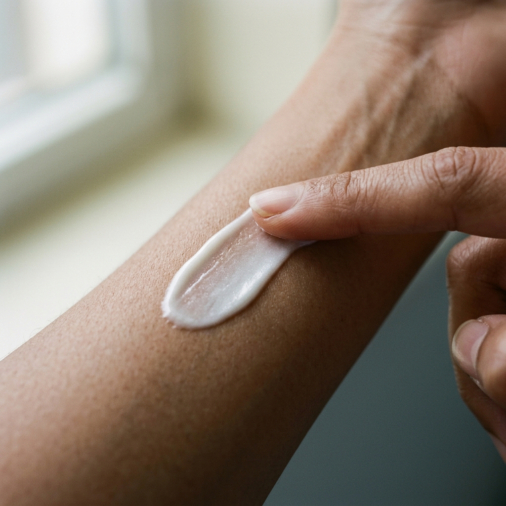 Fingertip drawing a swatch of pearlescent cream on skin.