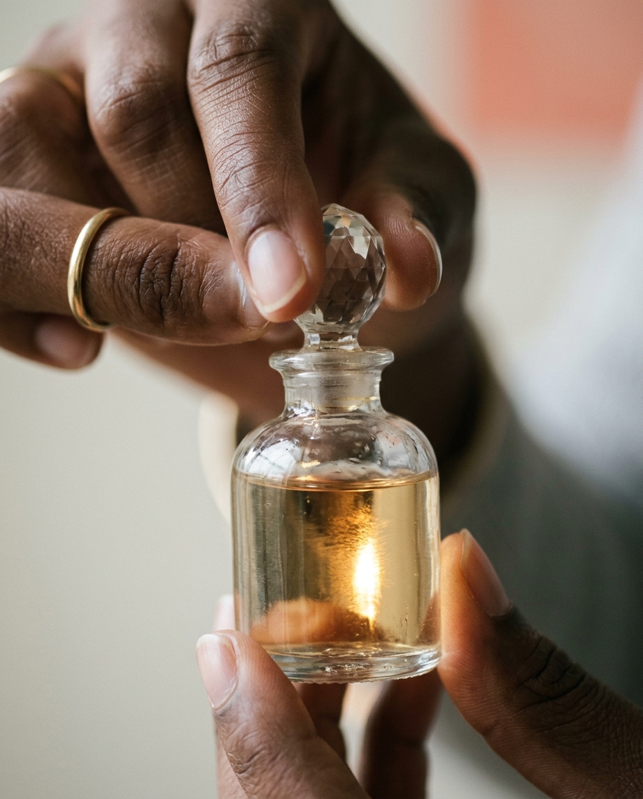 Hand turning the bulb-stopper of a clear-glass vial.