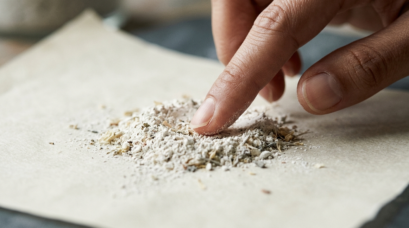 Fingertips brushing pale botanical powder on cream parchment.