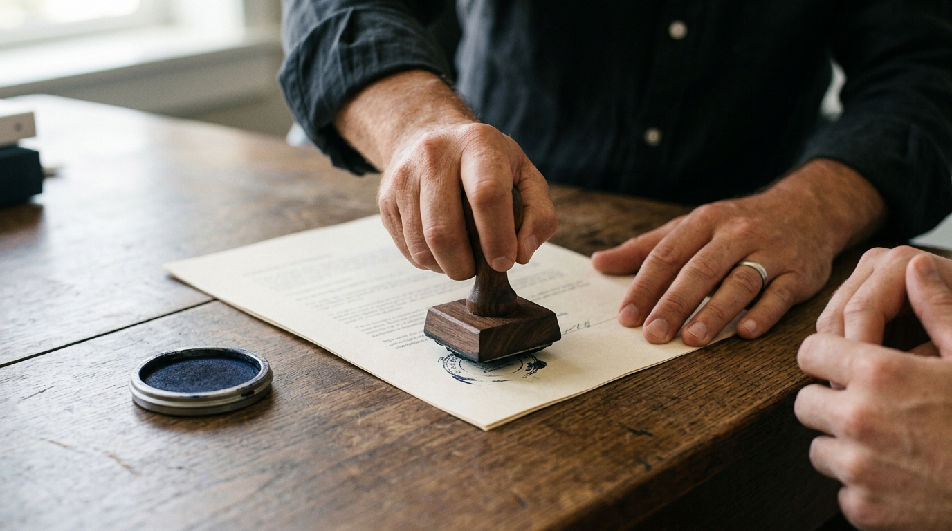 Hands pressing a seal stamp onto a regulatory document.