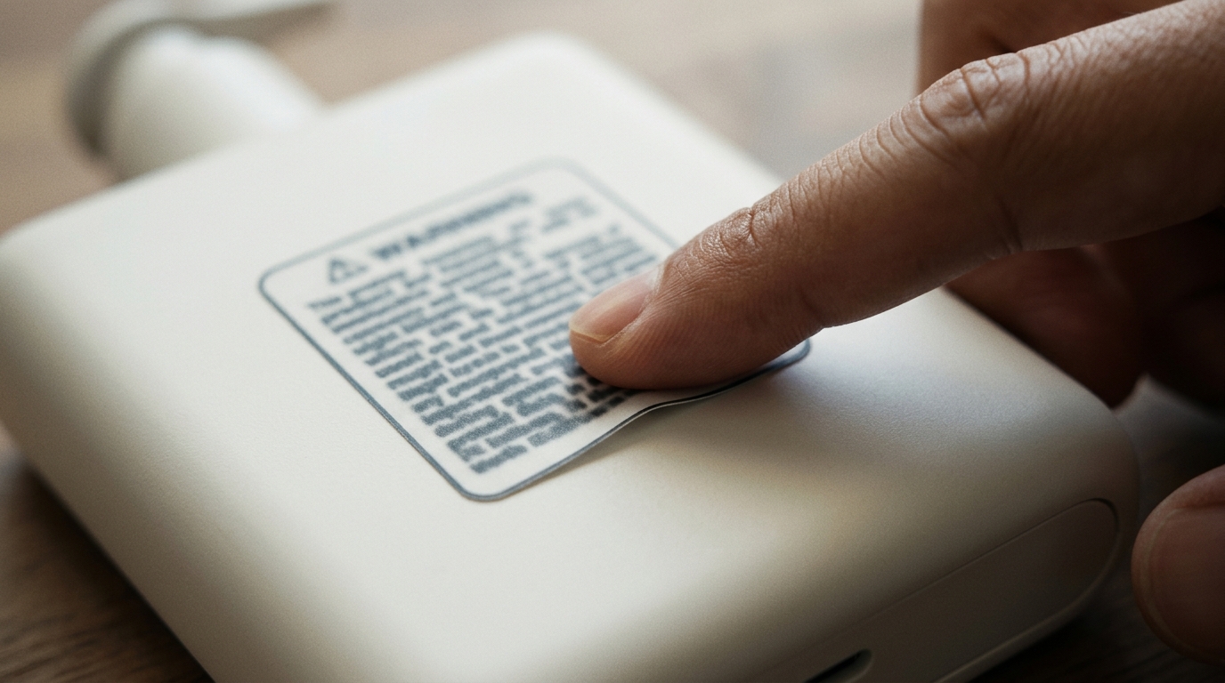 Fingertip smoothing a warning label onto a matte white consumer product.