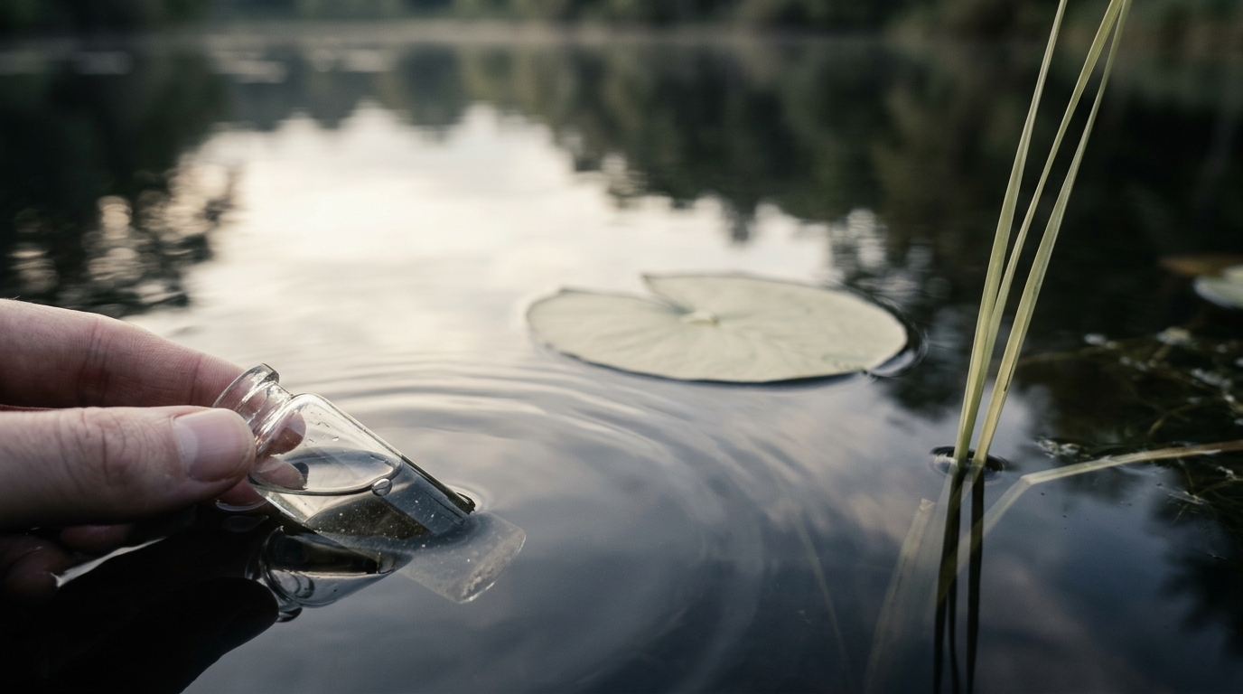 Freshwater pond surface with lily pad and reed, hand holding a water sample vial at the edge.