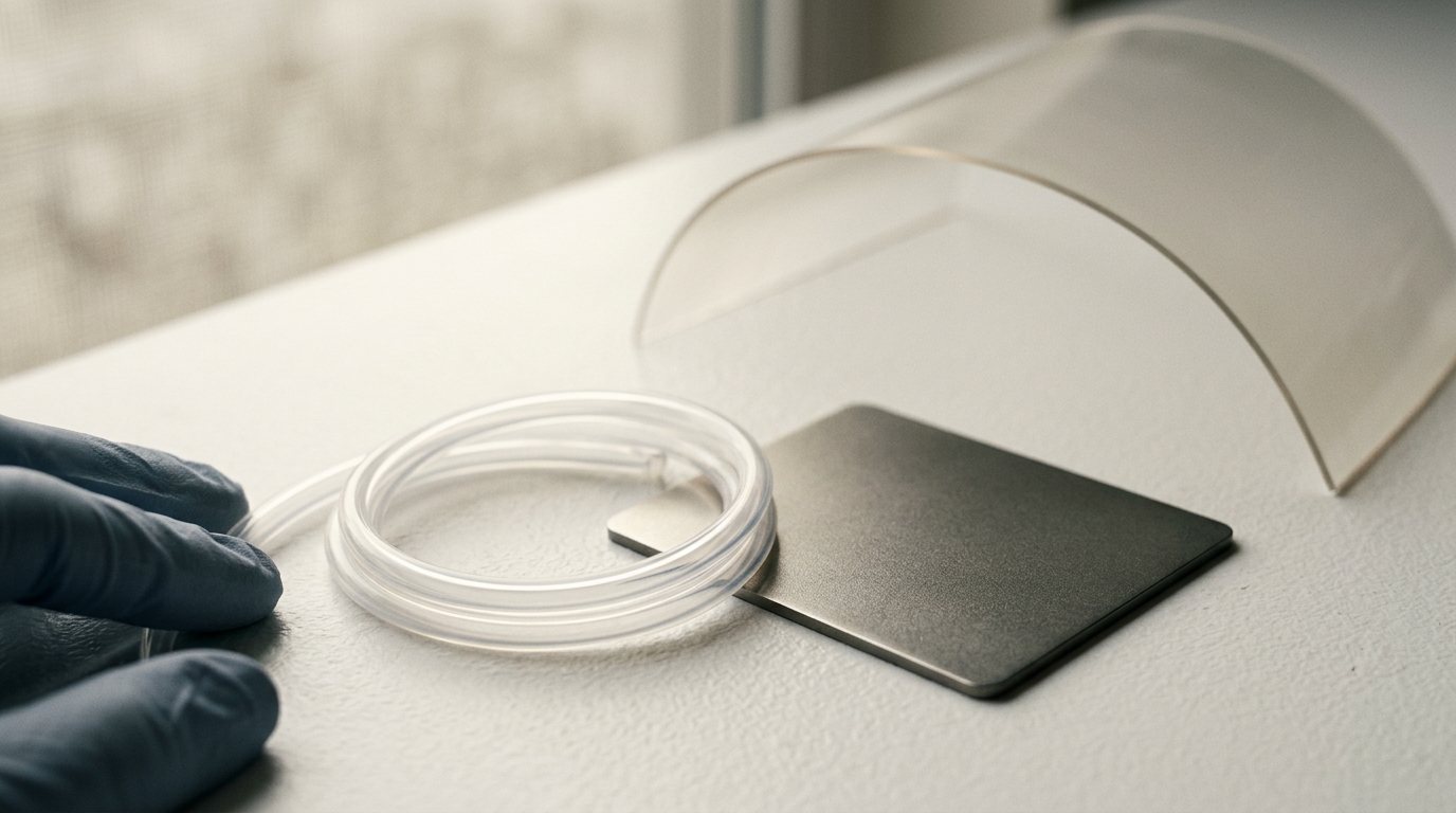 Medical-device material samples — silicone tubing, titanium coupon, polymer film — with gloved fingertips.